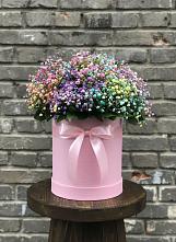 Цветочная композиция из Гипсофила и Розы в шляпной коробке в Шумский