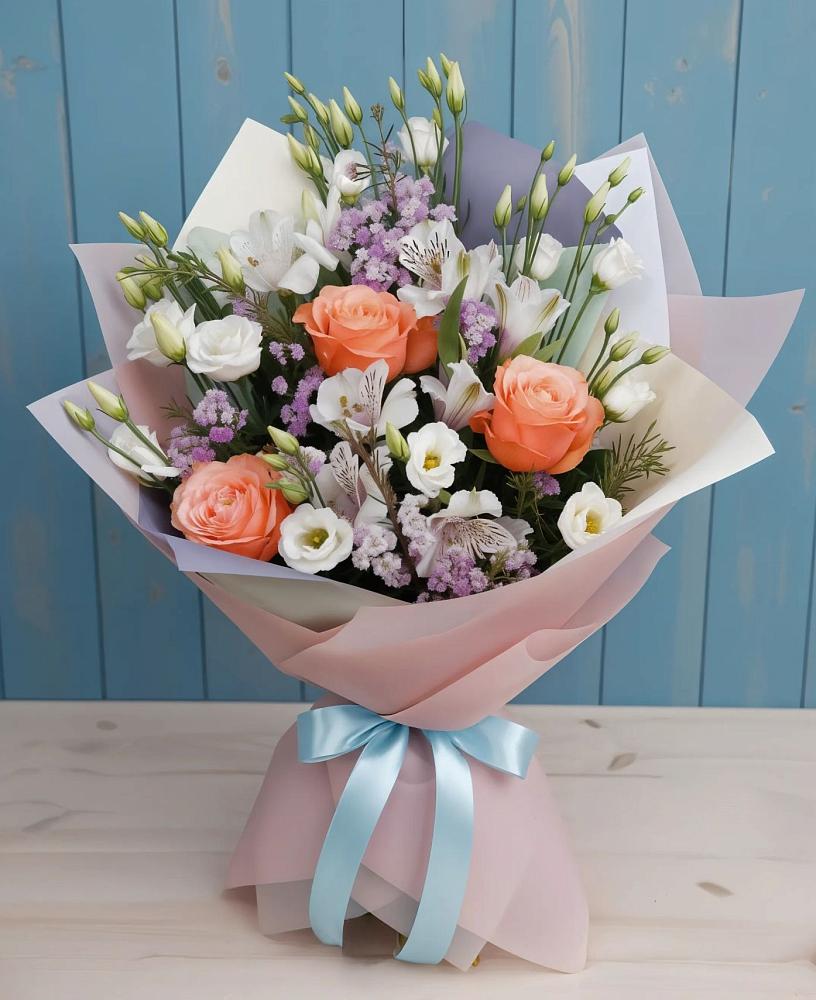 Букет цветов из: Лизиантусы, Розы, Альстромерии и Гипсофила в Шумский