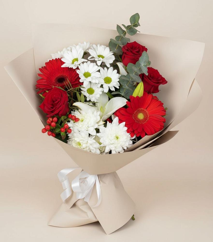 Букет цветов из: Розы, Хризантемы, Герберы и Лилии в Шумский